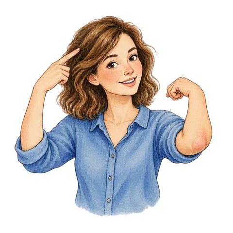 A person pointing toward their hair while showing a bent elbow