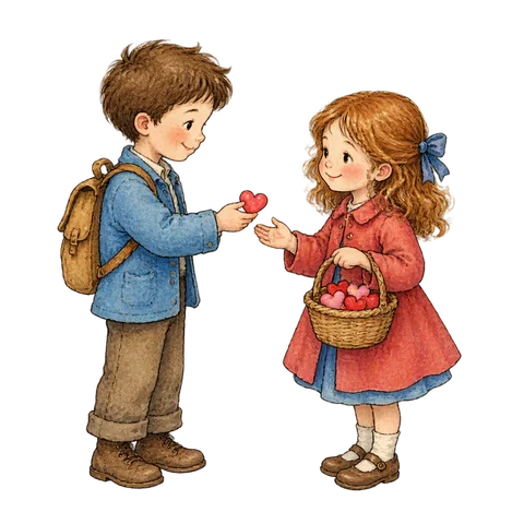 Two storybook figures exchanging small heart-shaped tokens