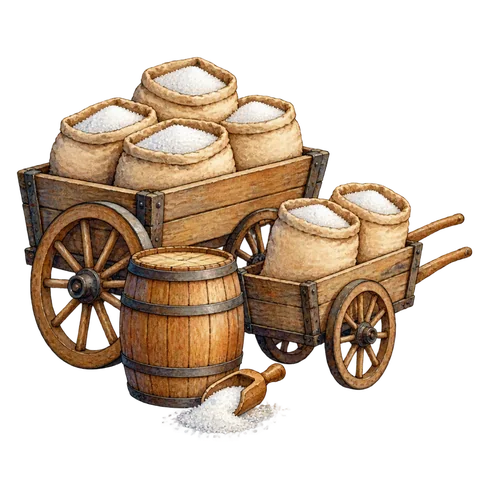 Carts carrying sacks of sugar beside a barrel