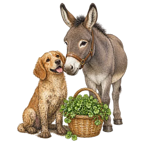 A muddy dog beside a donkey and a watercress basket