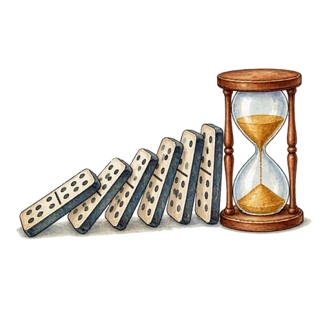 A row of falling dominoes beside an hourglass