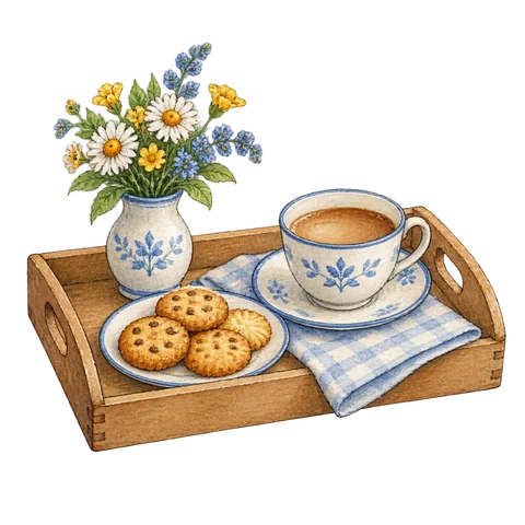 A storybook tray and cup on a table