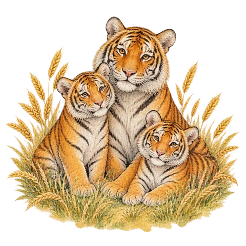 Three gentle tigers sitting in a wheat field
