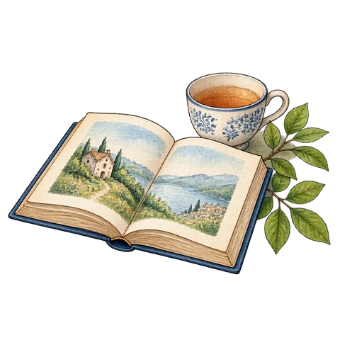 An open storybook beside a small cup and a leafy branch, a welcoming reading scene