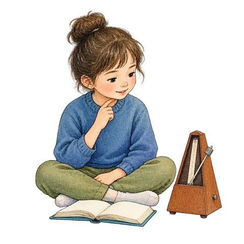 A learner practising sounds with a small open book and a metronome