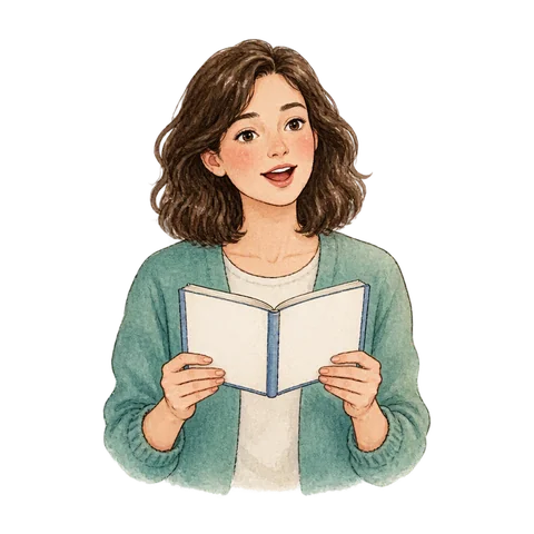 A learner practicing pronunciation with a small open book