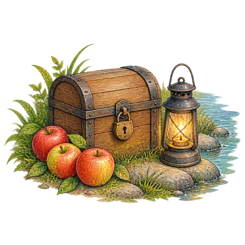 Three apples and a locked wooden chest near a riverside lantern, with no person or violence shown