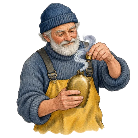 An older fisherman holding the seal of a brass flask as smoke curls back inside