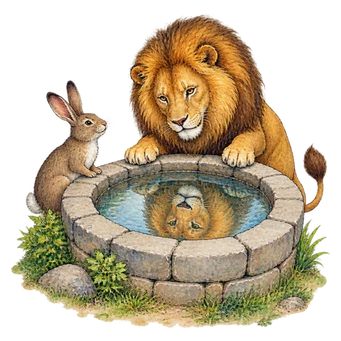A hare beside a well as a proud lion peers at his own reflection