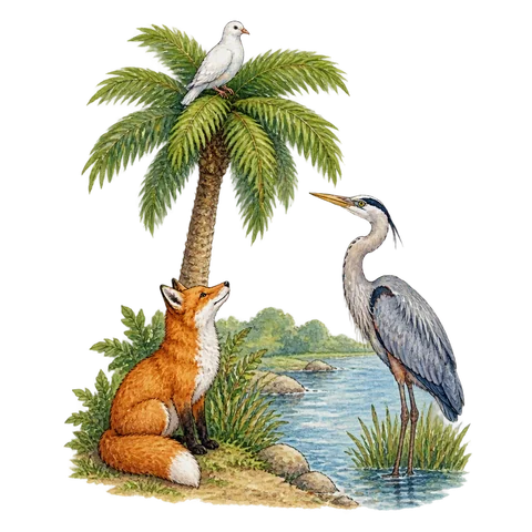 A dove high in a palm, a fox below and a heron standing beside a river