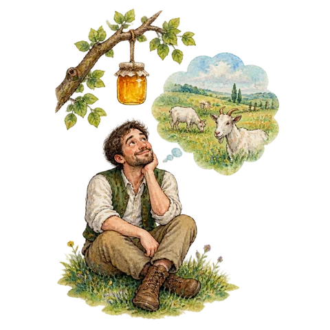A daydreaming man beneath a hanging honey jar, with faint imagined goats and fields