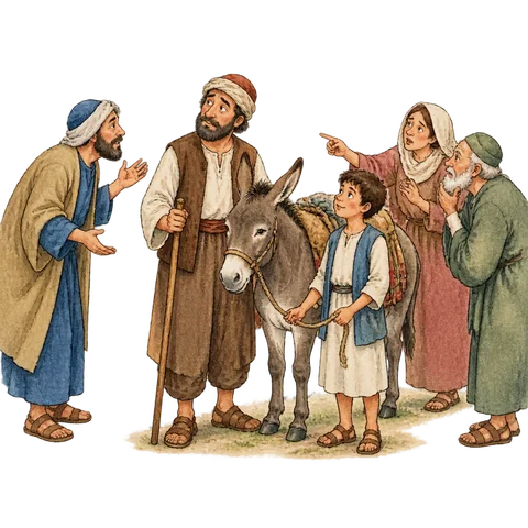 Juha and his son beside a donkey while several bystanders offer conflicting gestures
