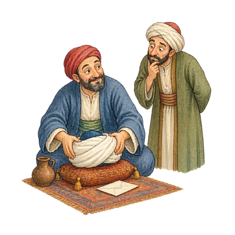 Juha setting a turban beside a letter while a puzzled visitor looks on