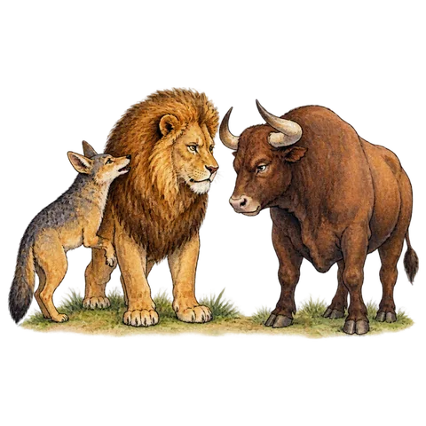 A lion and a bull facing each other while a jackal whispers from the side