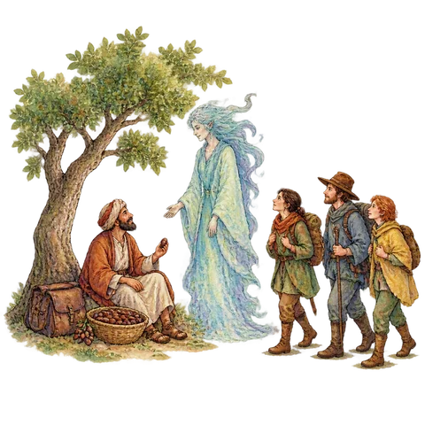 A merchant under a tree with dates and a saddlebag, facing a tall spirit while three travelers approach