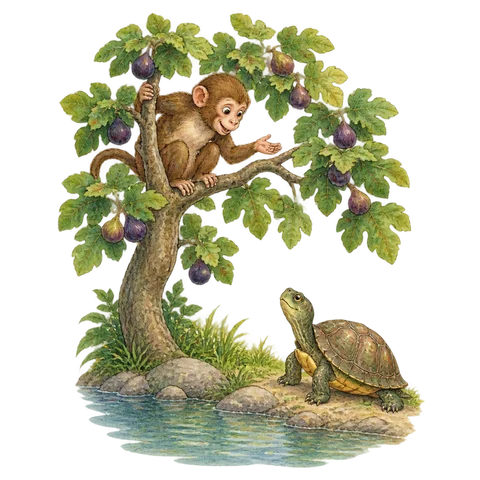 A monkey safe in a fig tree speaking to a turtle at the water’s edge