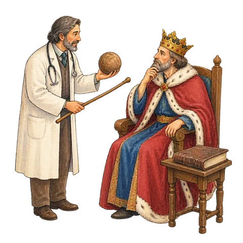 A physician presenting a ball and playing stick to a king beside a closed old book