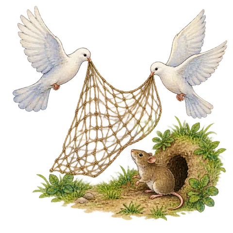 Doves lifting a loose net together toward a small rat beside a burrow