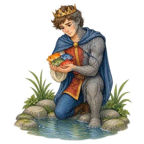 A young prince partly turned to dark stone beside a pool holding four differently colored fish