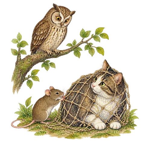 A rat chewing a net around a cat while an owl watches from a branch