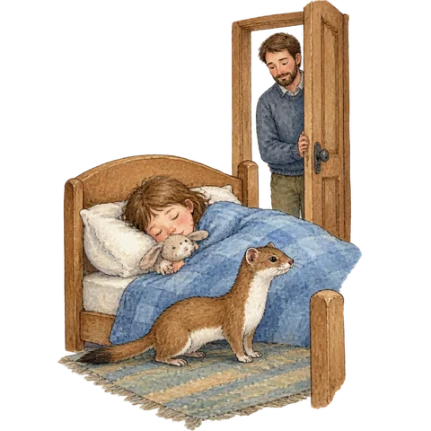 A small weasel guarding a sleeping child while a father pauses at a doorway, without injury detail