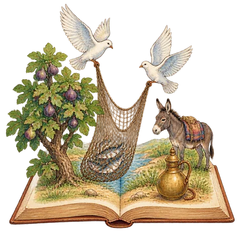 An open Arabic storybook with doves lifting a net, a fig tree, a brass flask and a small donkey