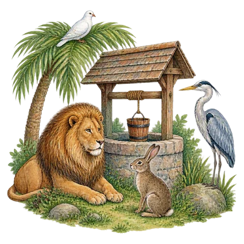 A lion and hare near a well, a dove in a palm and a watchful heron