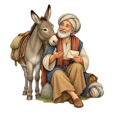 A friendly older storyteller beside a donkey, a turban and a letter