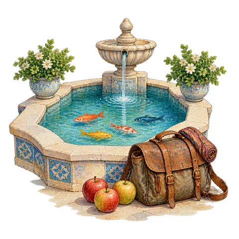 A palace pool with colored fish, three apples and a traveling merchant’s saddlebag