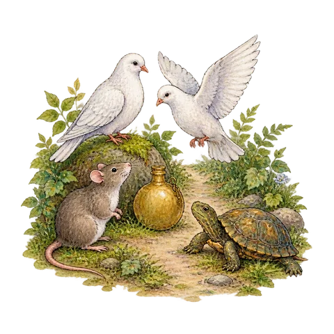 Doves, a rat, a turtle and a brass flask around a small forest path