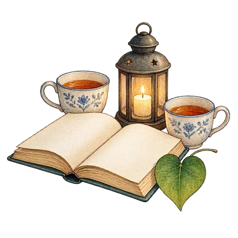 An open prose book beside a heart-shaped leaf, a small lantern and two teacups