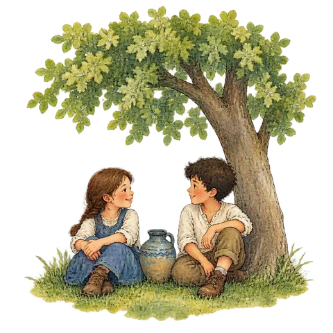 Two friends sitting beneath a tree beside a shared water jug
