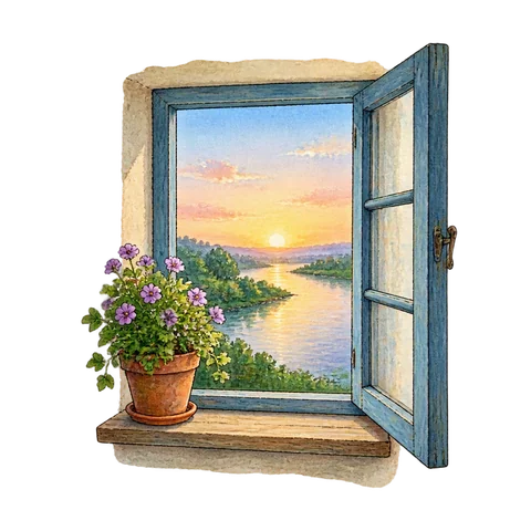 A clear dawn above a river and a small open window
