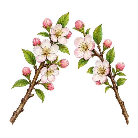 Two small flowering branches leaning toward each other