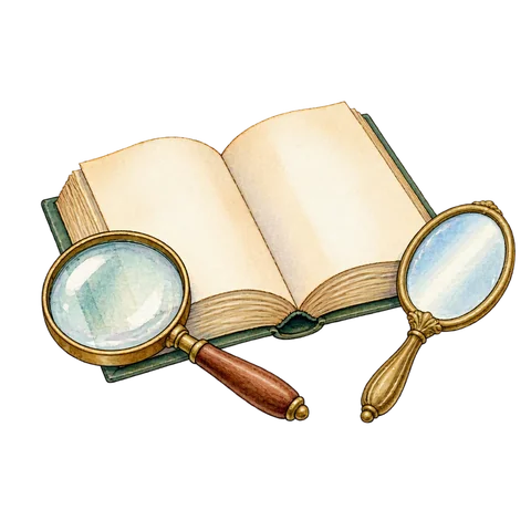 A magnifying glass beside an open book and a small mirror