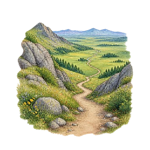 A path climbing from a mountain pass into a green plain