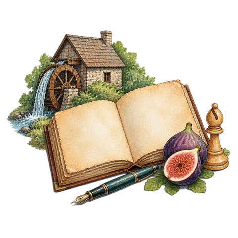 An open old riddle manuscript surrounded by a small mill, a pen, a fig and a chess piece