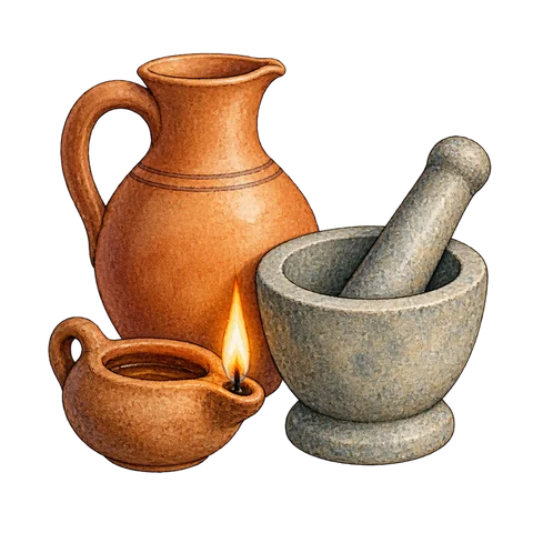 A clay jug, mortar and pestle, and a small contained flame