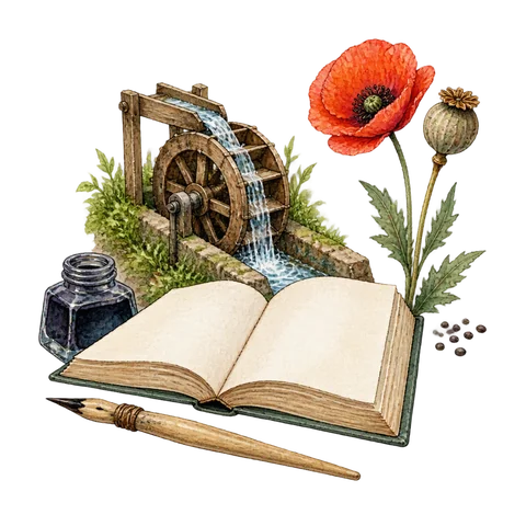 A reed pen and open book beside a miniature irrigation wheel and poppy seed head