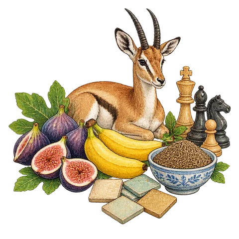 Figs, bananas, a gazelle, chess pieces and a bowl of cumin arranged around loose unlettered tiles