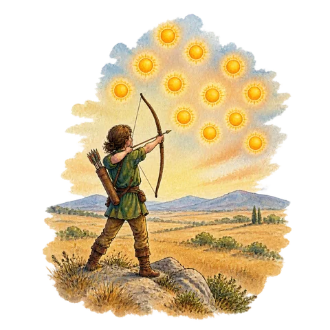 An archer facing a blazing sky of ten small suns above dry fields