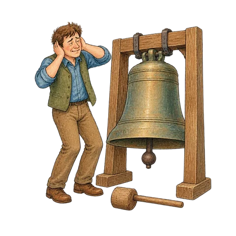 A man covering both ears beside a large bronze bell and a wooden mallet