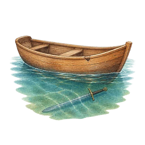 A wooden river boat with a small notch in its side and a sword visible below the water