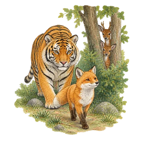 A small fox walking confidently in front of a tiger as deer hide behind trees