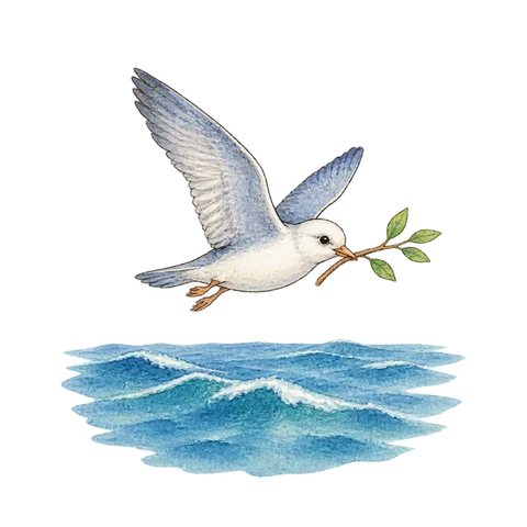 A small white-beaked bird carrying one twig over a blue sea