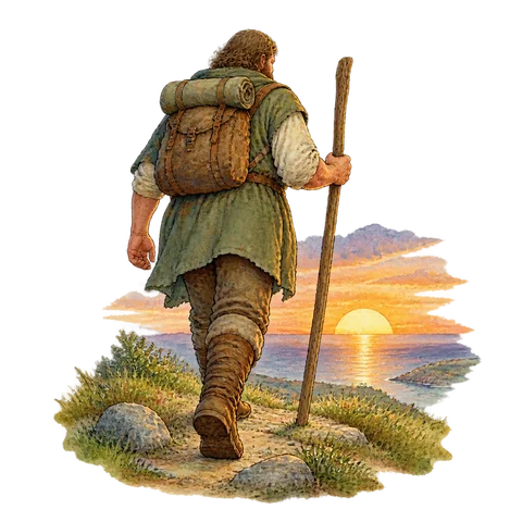 A giant traveler with a staff striding toward the setting sun