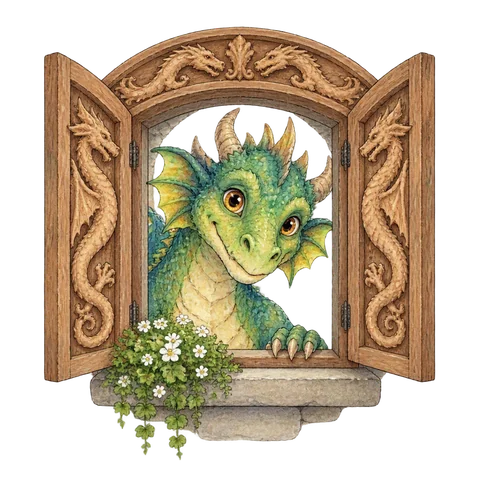A friendly real dragon peeking through a window decorated with carved dragons