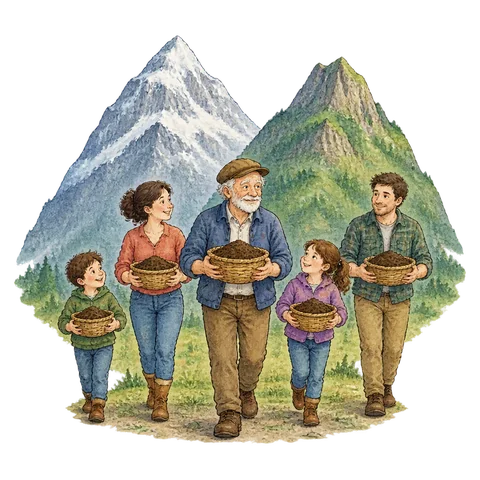 An elderly man and his family carrying small baskets of soil beneath two enormous mountains