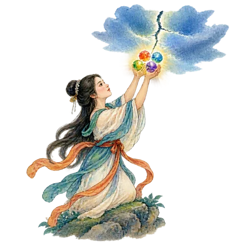 Nüwa lifting five glowing colored stones toward a crack in the blue sky