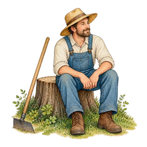 A farmer sitting beside a tree stump with his hoe resting nearby